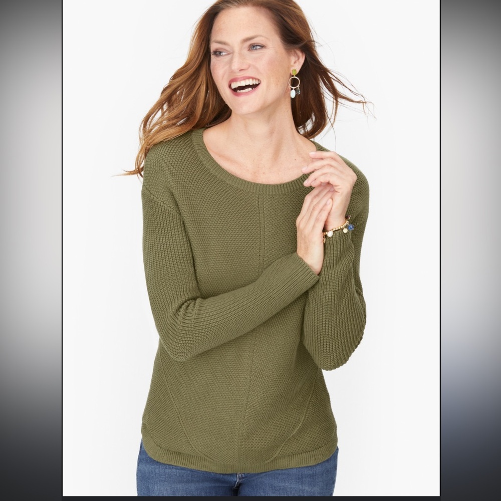 Talbots Shaker Stitch Solid Green Pullover Pima C… - image 1
